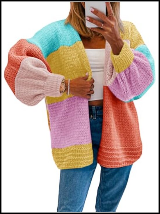 Sweaters - Women's Chunky Knit Cardigan Open Front Color Block Long Sleeve Oversized